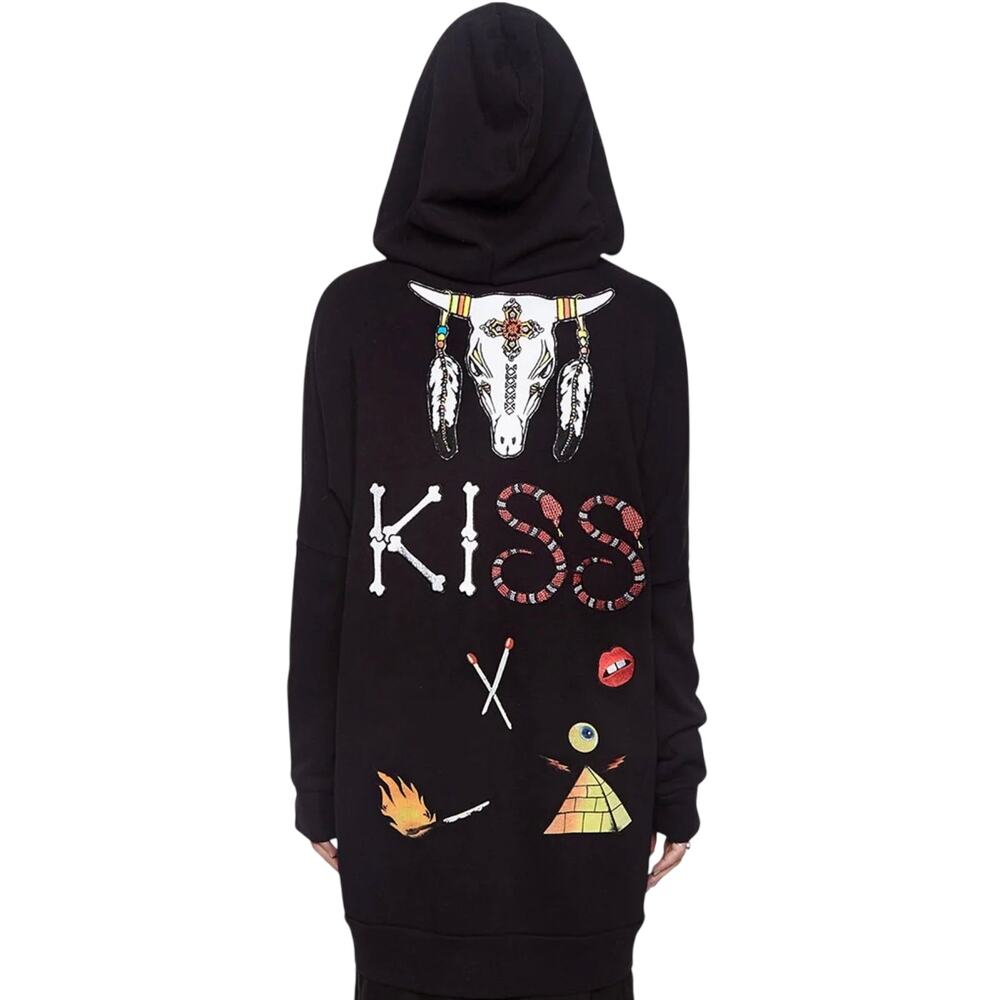 Lauren Moshi Kindley Black KISS Skull Snake Graphic Long Zip Hoodie Jacket S USA
